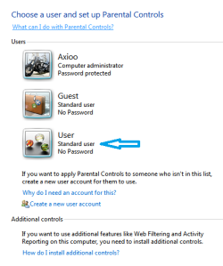 User to be set up Parental Controls window